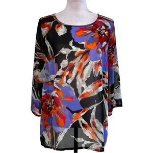 Bob Mackie Wearable Art Tunic Blouse Bold Watercolor Abstract Semi Sheer‎
